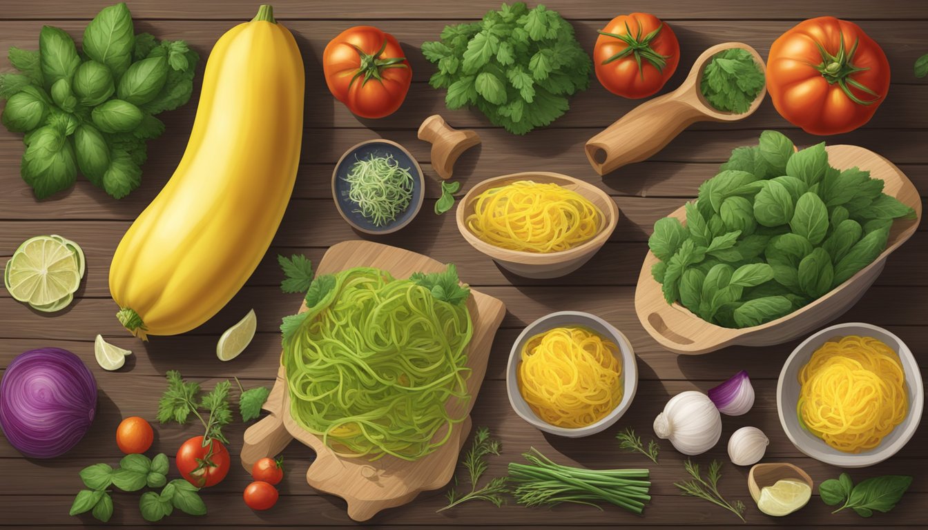 A colorful spread of spaghetti squash, fresh vegetables, and a variety of herbs and spices arranged on a rustic wooden table