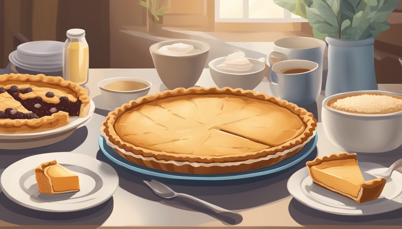 A table with a variety of pies, some with sugar substitutes and whole grain crusts. A diabetic person enjoying a slice of a healthier pie option