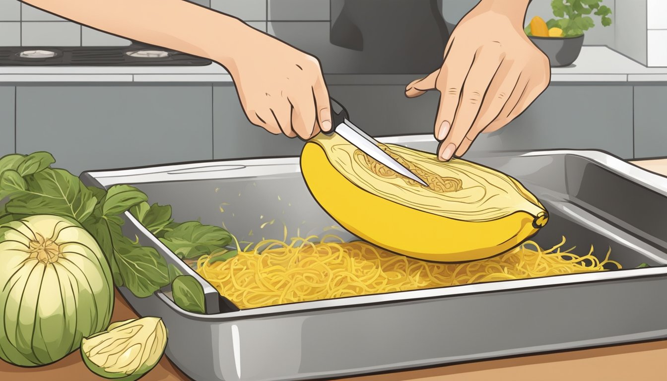 A person slicing open a spaghetti squash and removing the seeds before roasting it in the oven