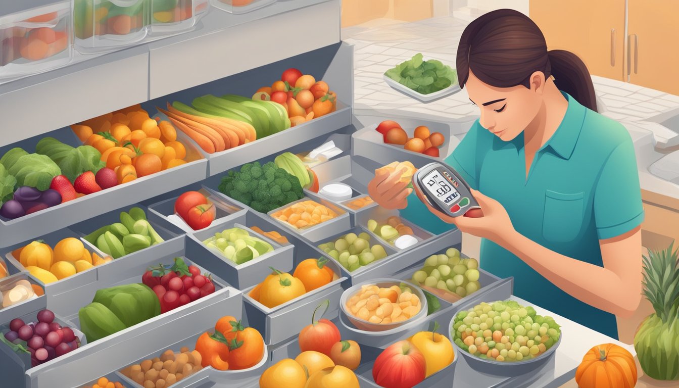 A diabetic person carefully reading the nutrition label on a pie box, surrounded by various fruits and vegetables, a glucometer, and medication