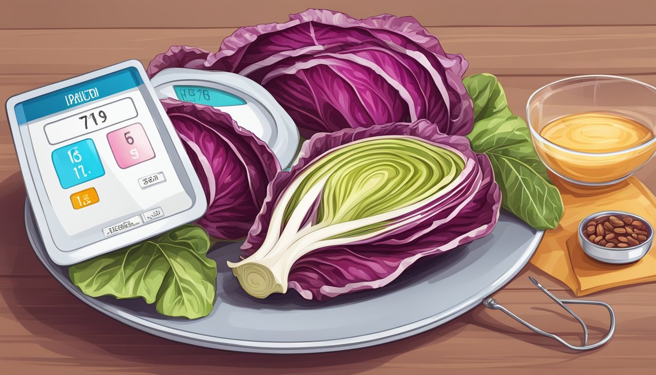 A colorful plate of radicchio with a nutrition label and a diabetes monitor in the background