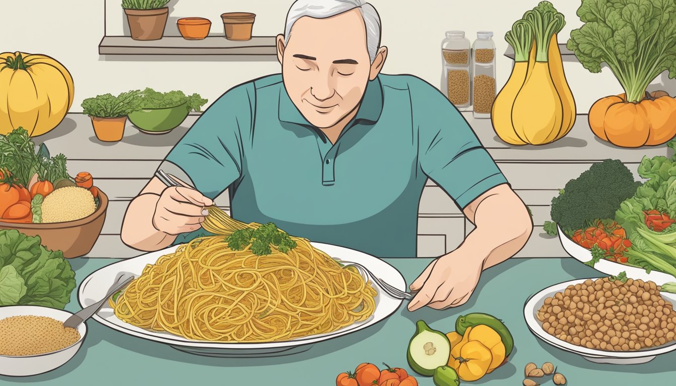 A person with diabetes holding a plate of spaghetti squash, surrounded by various nutrient-rich foods like vegetables, lean proteins, and whole grains