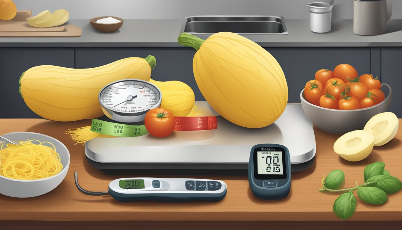 A kitchen counter with a spaghetti squash, measuring cups, and a blood glucose monitor