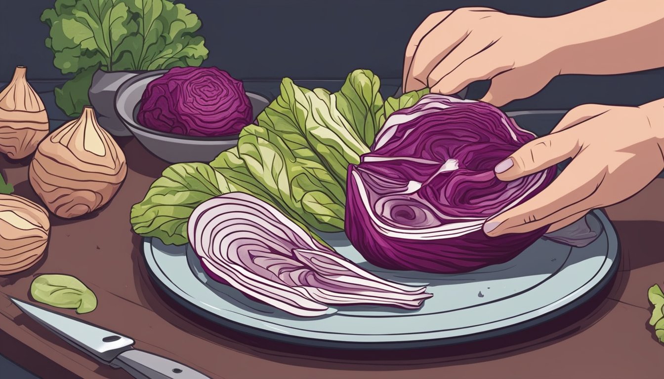 A person slicing radicchio and arranging it on a plate with other vegetables