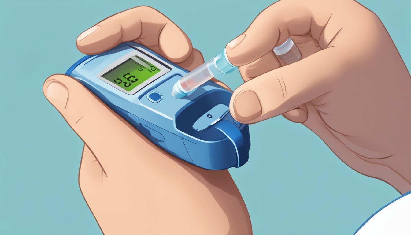 A person with diabetes holding a sports drink while checking their blood sugar levels with a glucose monitor