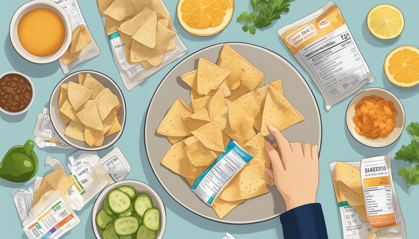 A plate of pita chips surrounded by a variety of nutritional labels and a person with diabetes looking at them