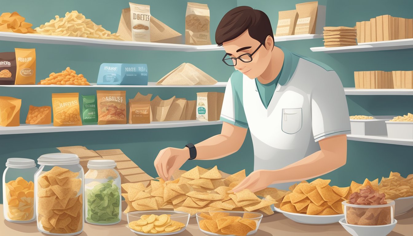 A person with diabetes examines a variety of pita chips and alternative snacks, comparing labels and ingredients