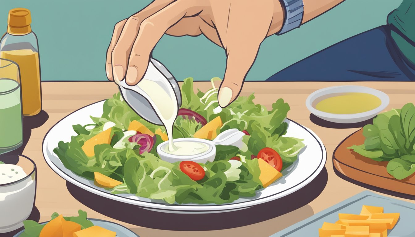 A person with diabetes pouring ranch dressing onto a salad