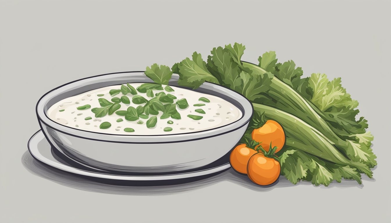 A bowl of ranch dressing next to a plate of fresh vegetables