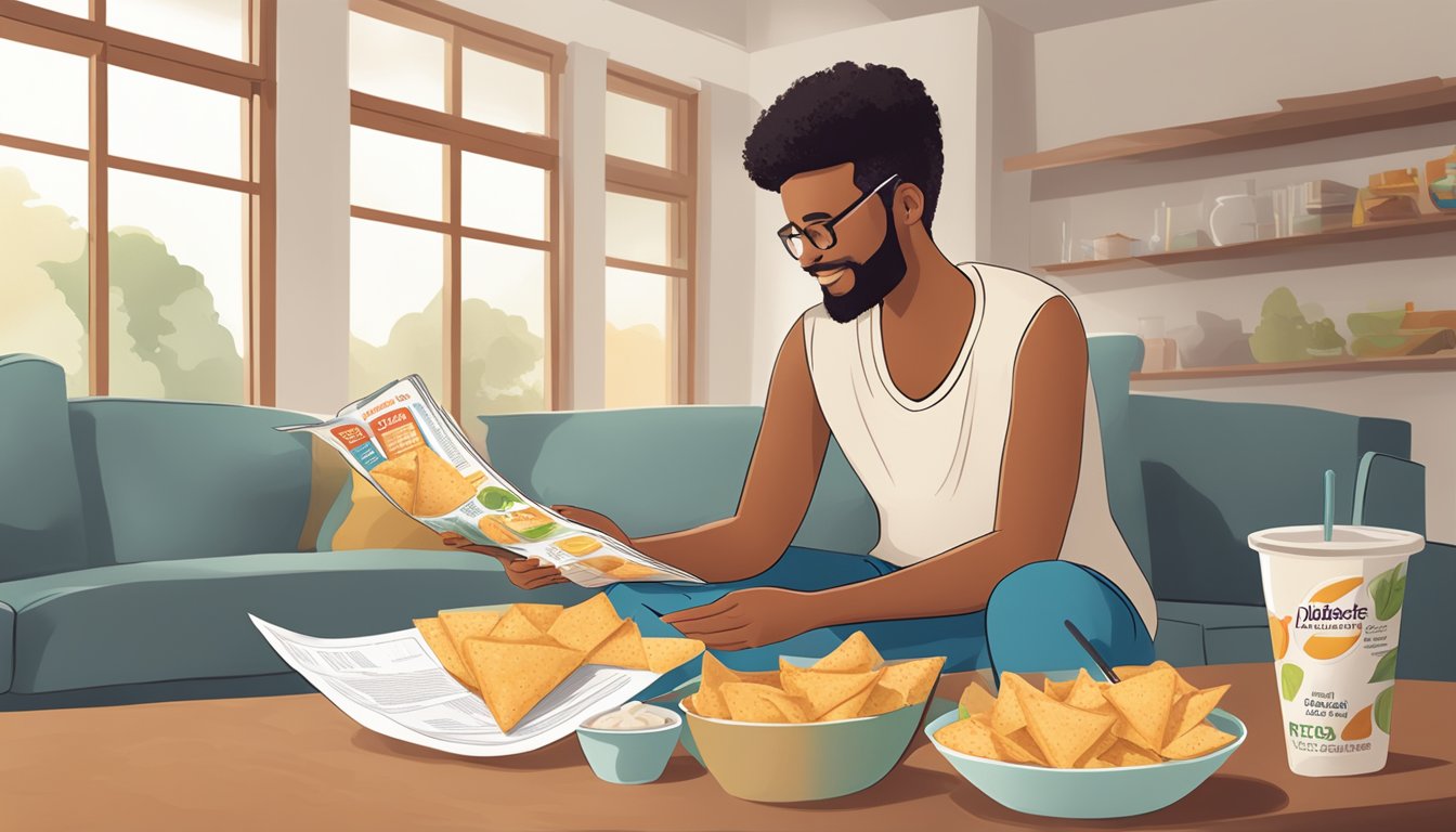 A person with diabetes enjoying pita chips while reading a food label