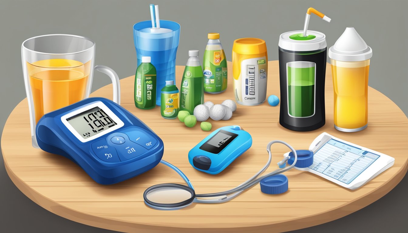 A table with sports drinks and a blood glucose monitor