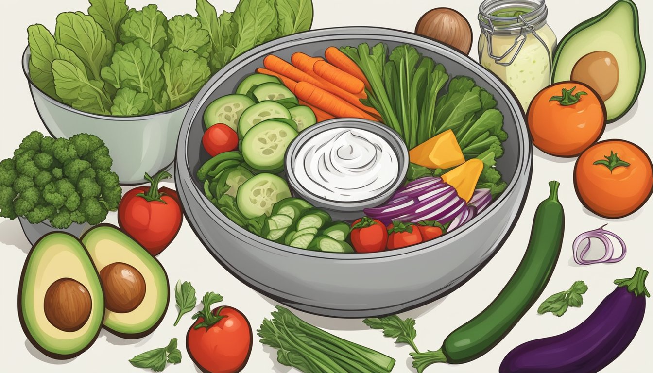 A bowl of fresh vegetables surrounded by various healthier alternatives to traditional ranch dressing, such as Greek yogurt-based or avocado-based dressings