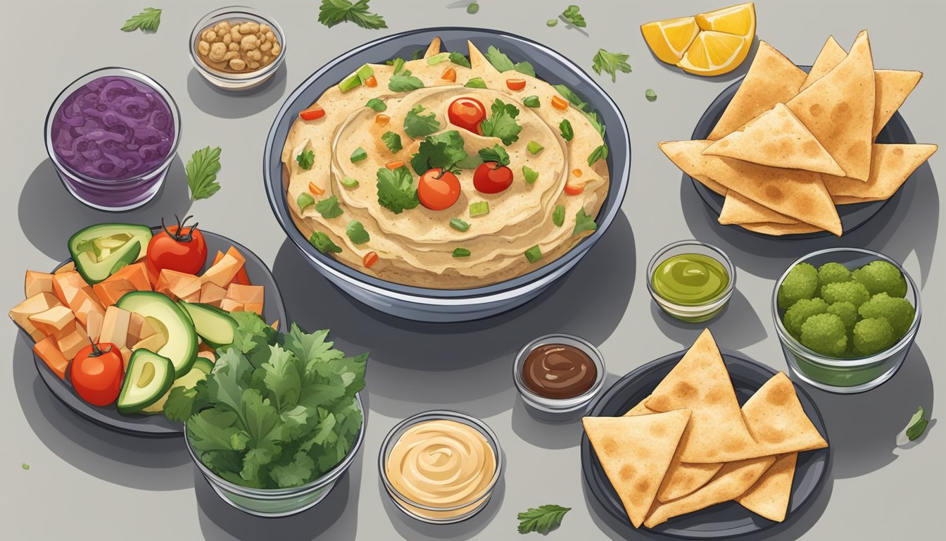 A bowl of pita chips surrounded by various healthy toppings like hummus, vegetables, and lean proteins, with a glass of water on the side