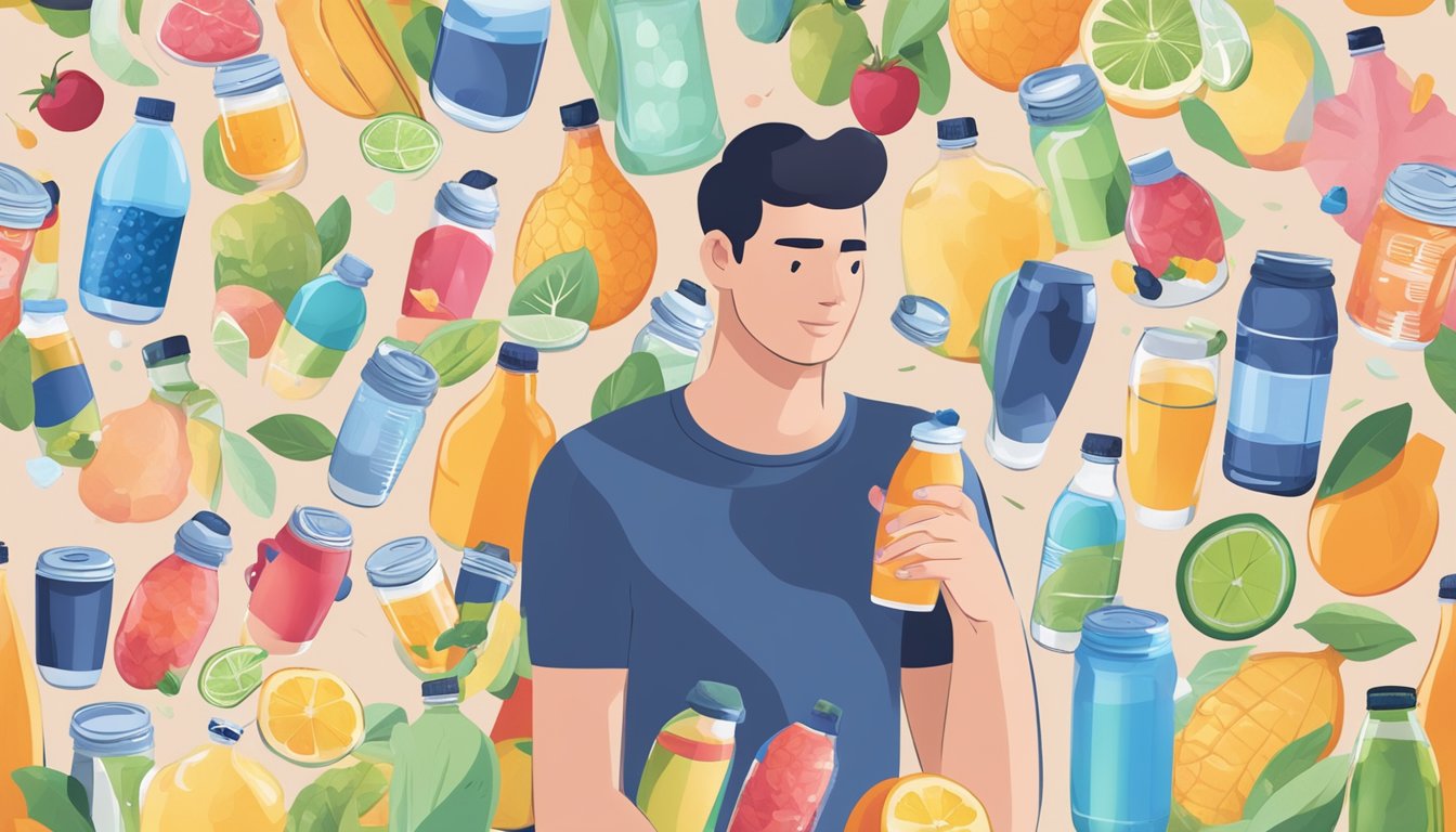 A person with diabetes holding a sports drink while surrounded by various diabetes-friendly drink options such as water, tea, and low-sugar fruit juice