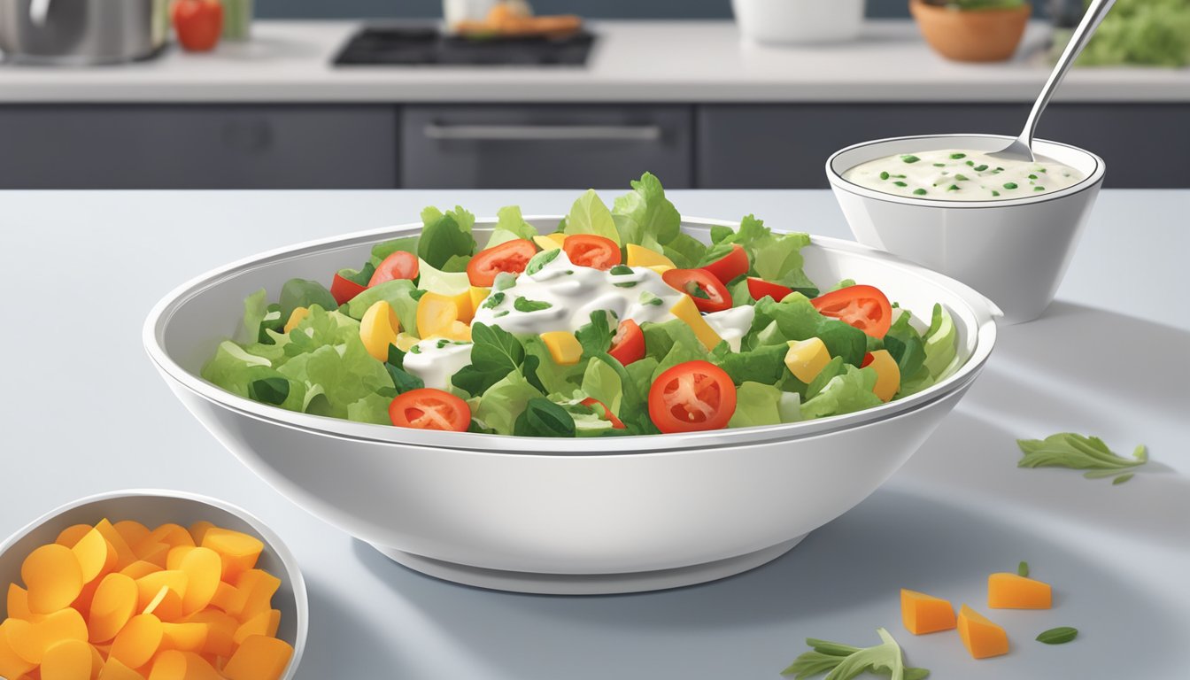 A diabetic-friendly salad with ranch dressing, featuring fresh vegetables and a colorful array of toppings, served in a bright, modern kitchen