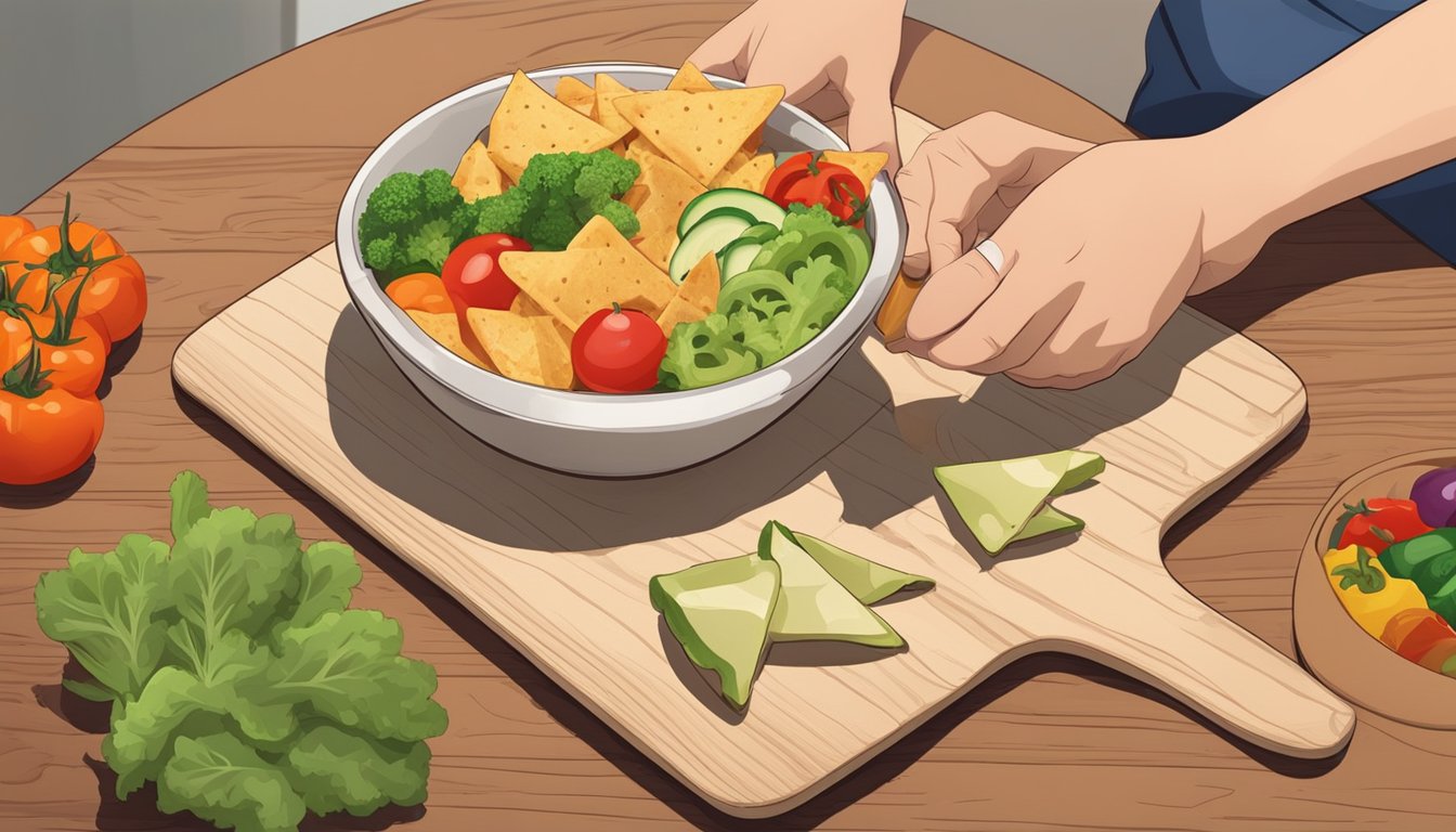 A person with diabetes enjoying a bowl of pita chips with a variety of colorful and fresh vegetables on a wooden cutting board