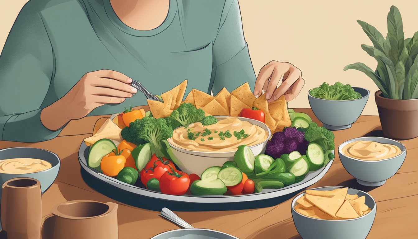 A person with diabetes enjoying a bowl of pita chips with a variety of fresh vegetables and hummus on a table