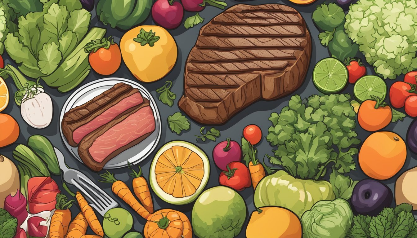 A steak surrounded by various fruits and vegetables, with a nutrition label and a diabetic-friendly symbol displayed prominently