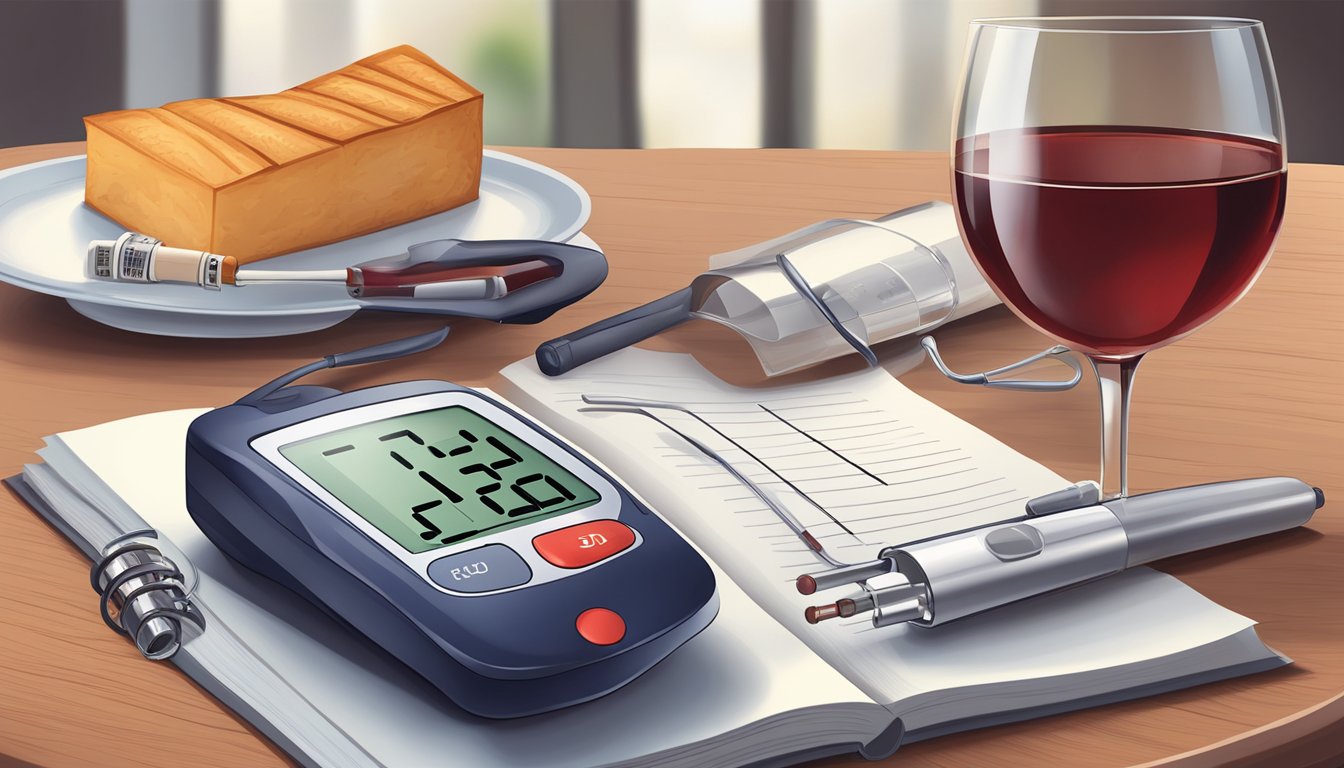 A table set with a glass of red wine, a blood glucose monitor, and a diabetes education book