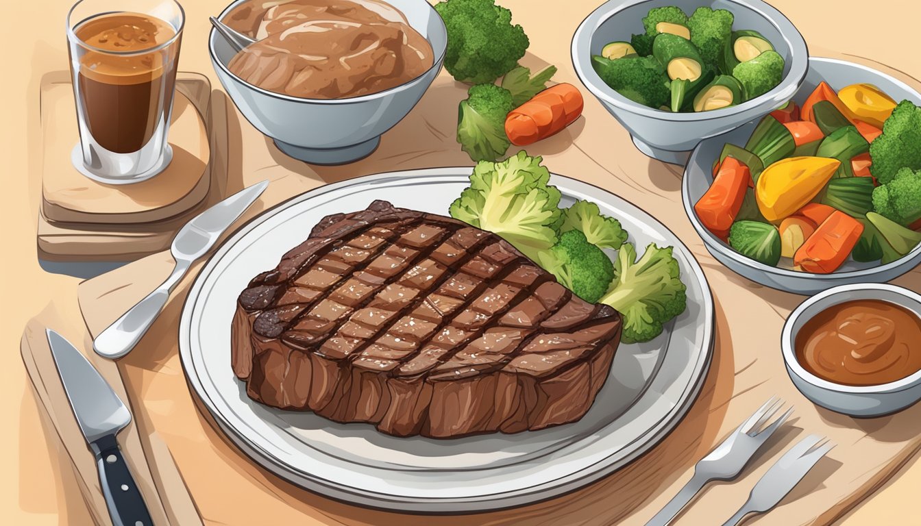 A plate with a perfectly grilled steak, surrounded by carefully portioned vegetables and a side of low-carb sauce