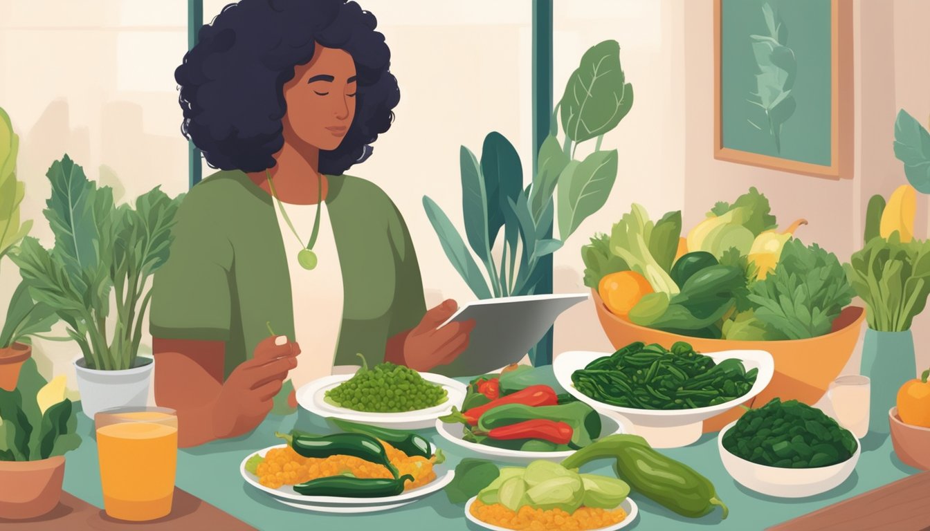 A person with diabetes holding a plate of poblano peppers, surrounded by various healthy food options and a nutritionist providing guidance