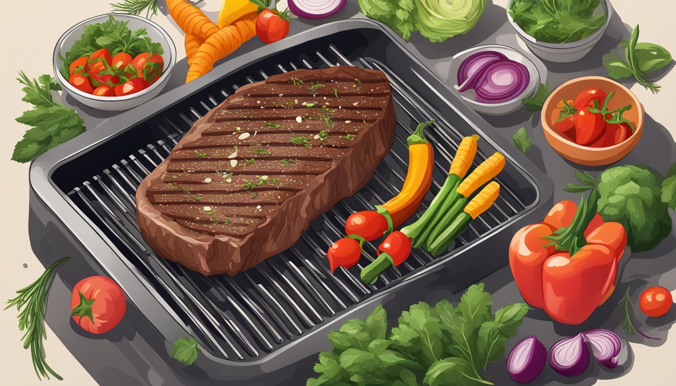 A sizzling steak is being grilled on a hot barbecue, surrounded by colorful vegetables and herbs ready for seasoning