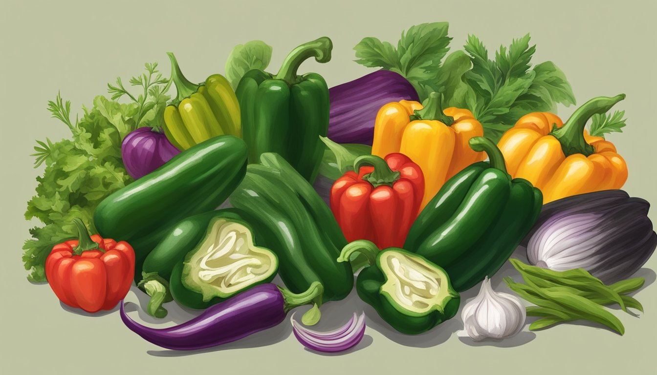 A colorful pile of fresh poblano peppers surrounded by a variety of vegetables and herbs on a kitchen counter