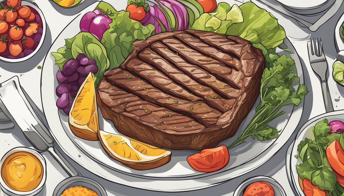 A colorful array of nutrient-dense foods surrounds a juicy steak on a plate