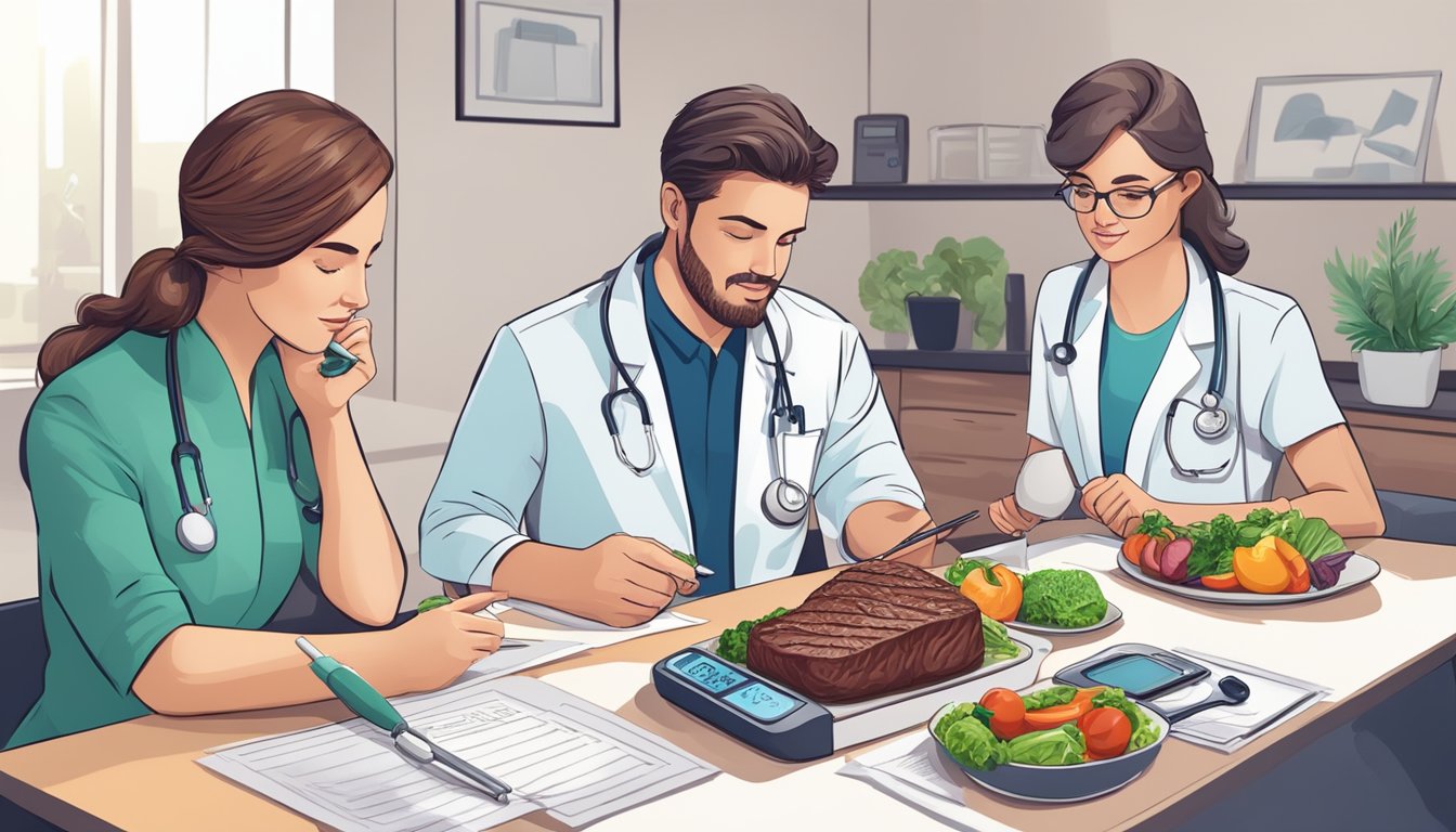 A dietician and a doctor discussing a meal plan, with a steak on a plate and a blood sugar monitor on the table