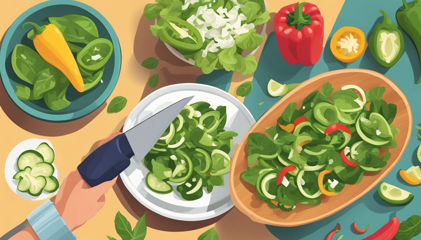 A person slicing and adding poblano peppers to a colorful, fresh salad