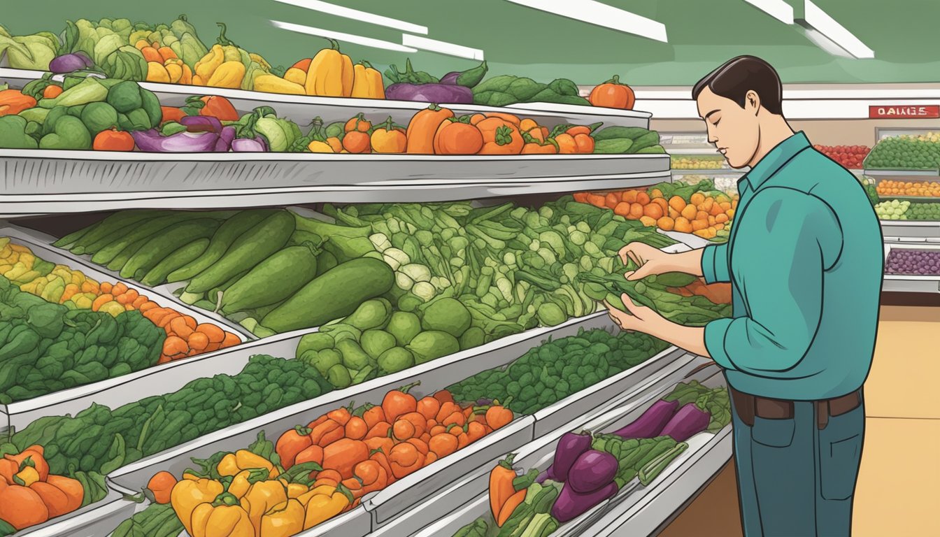 A diabetic carefully selecting vegetables, including poblano peppers, at a grocery store