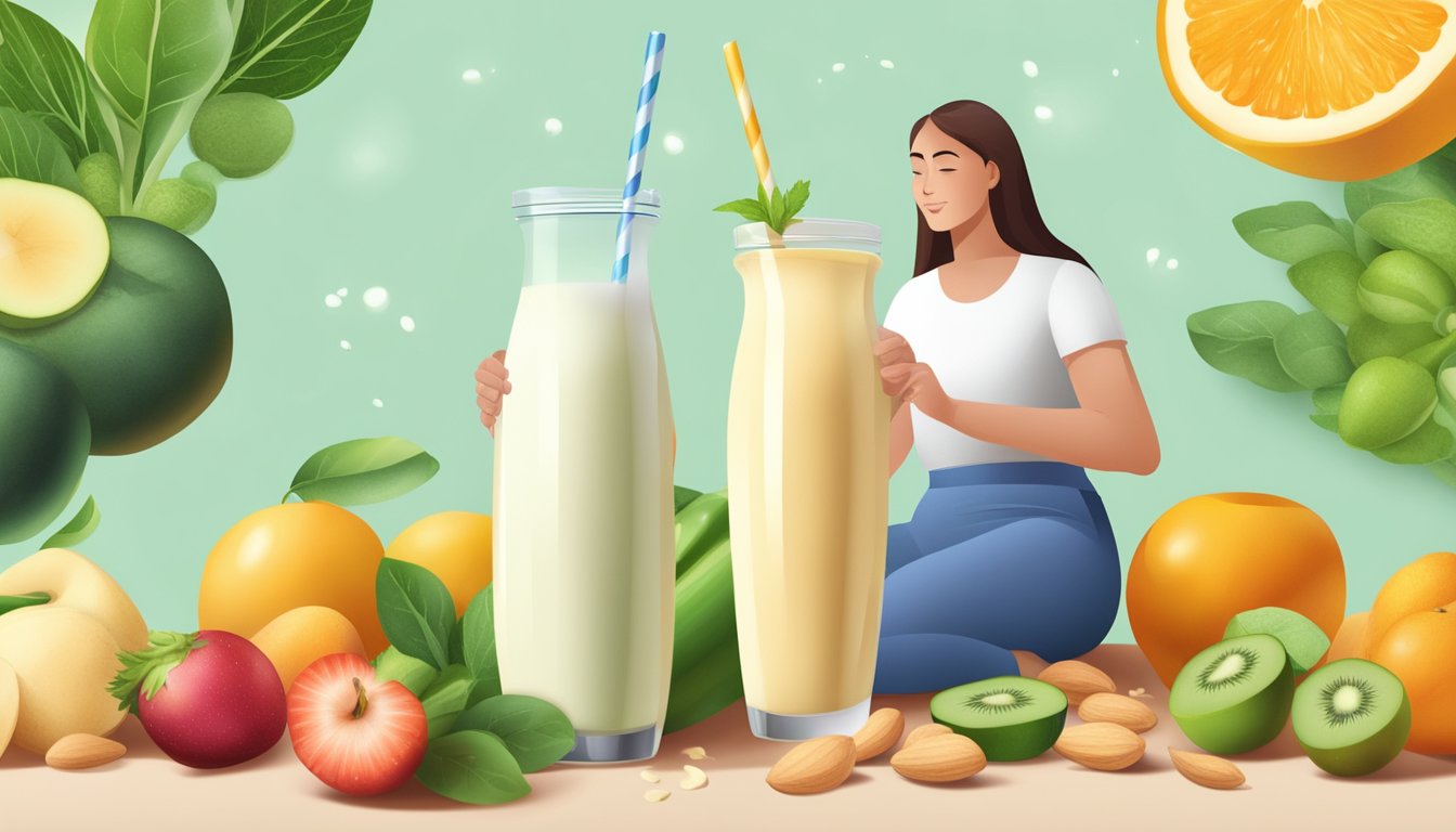 A person with diabetes enjoys a sugar-free almond milk smoothie, surrounded by fresh fruits and vegetables