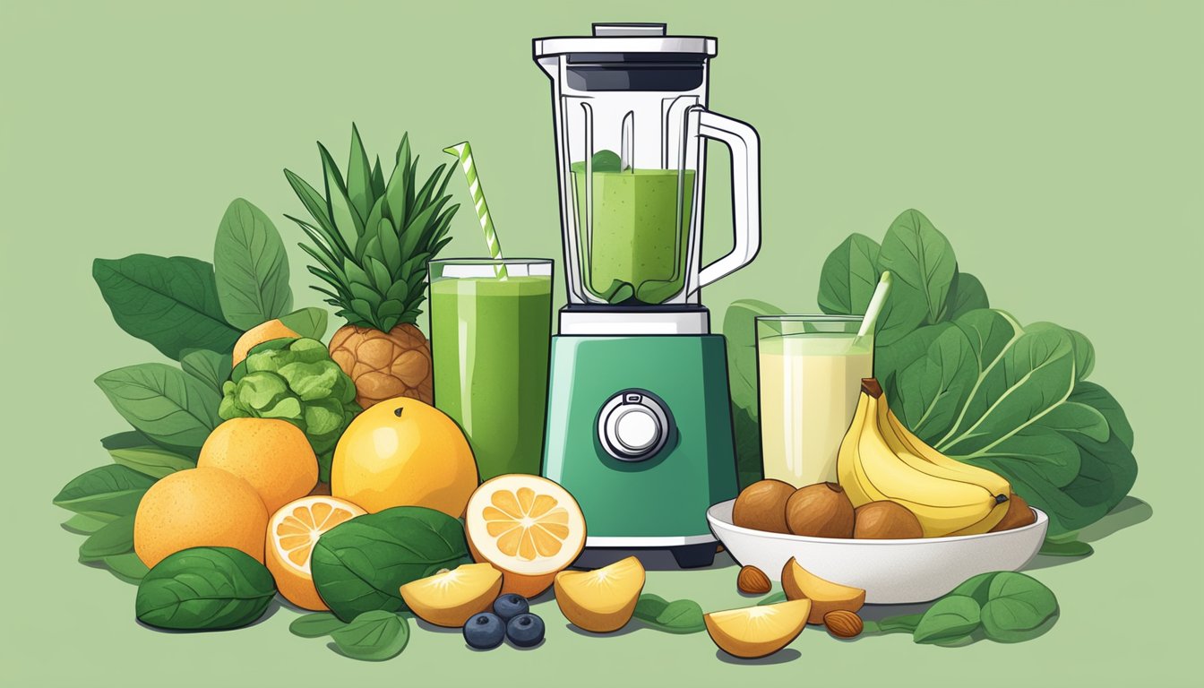 A blender surrounded by fresh fruits, spinach, and unsweetened almond milk