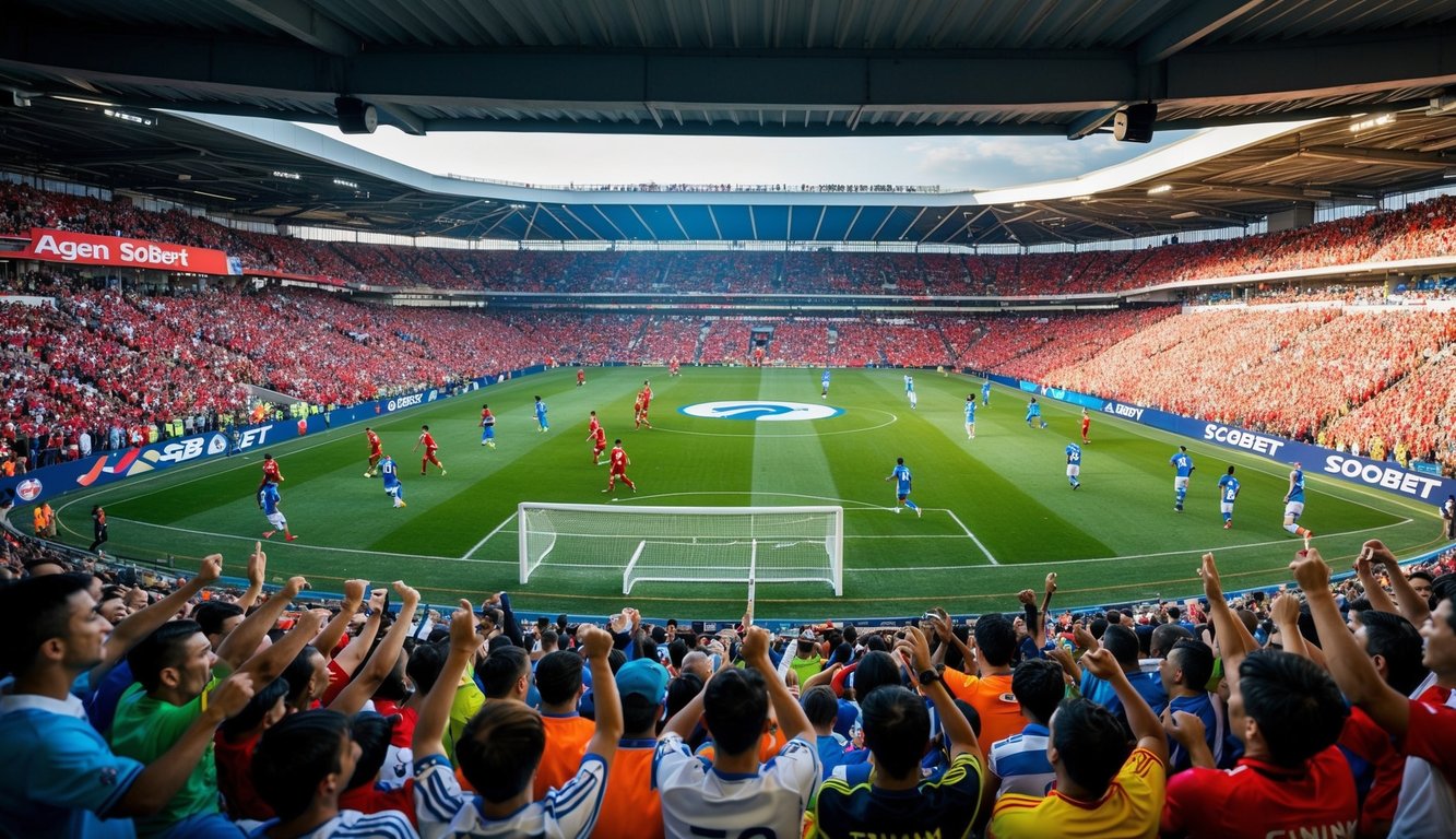 Sebuah stadion sepak bola yang ramai dipenuhi dengan penggemar yang bersorak dan pemain yang beraksi di lapangan, dengan logo Agen Sbobet yang ditampilkan secara mencolok.