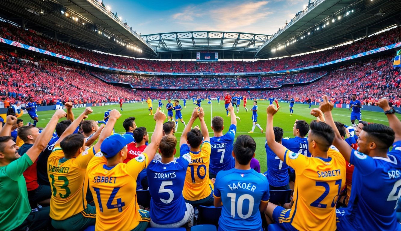 Sebuah stadion olahraga yang hidup dan dinamis dipenuhi dengan penggemar yang bersorak dan pemain yang beraksi, mewakili situs taruhan Sbobet terbaik