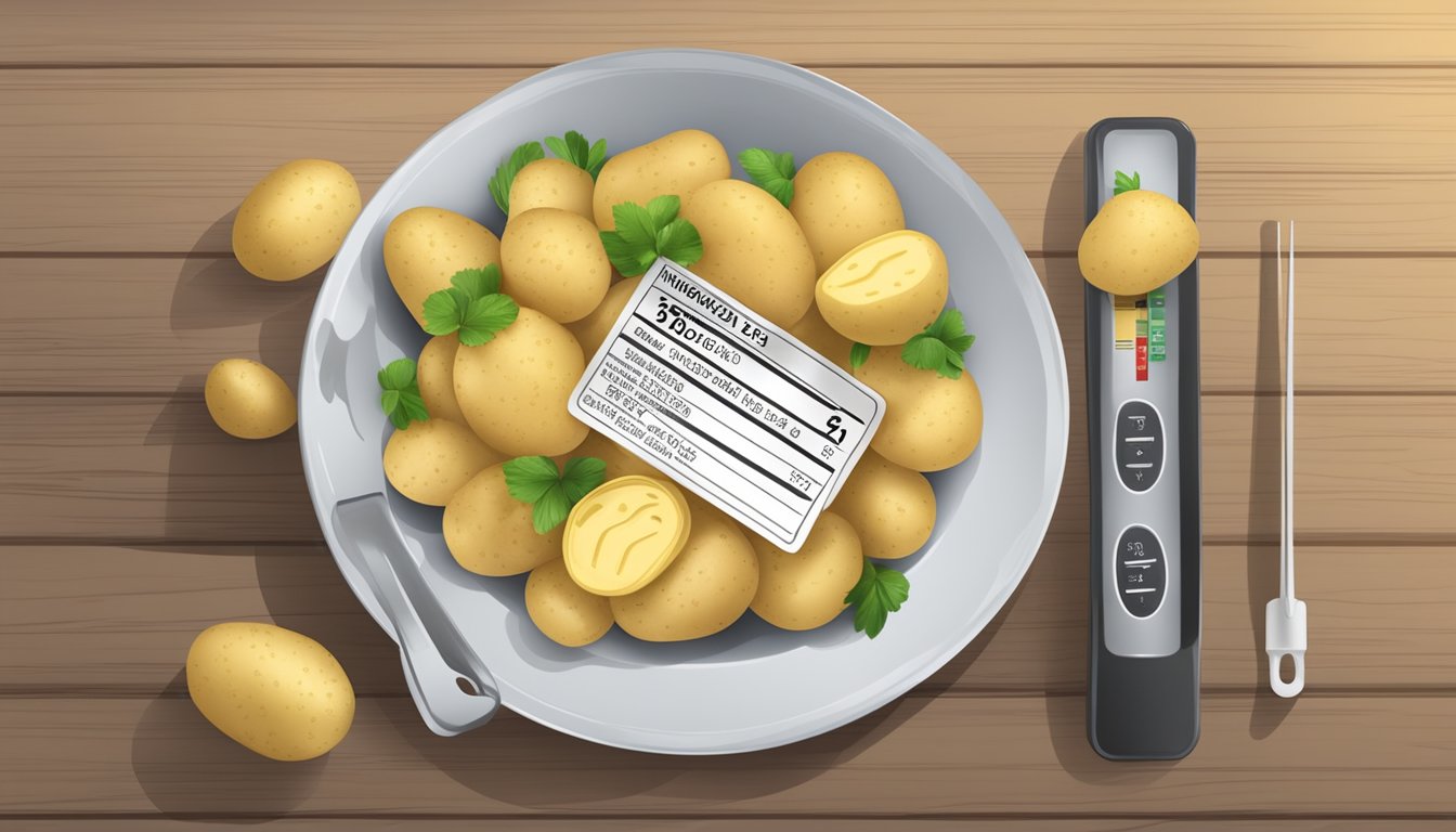 A plate of potatoes with a measuring tape and a nutrition label