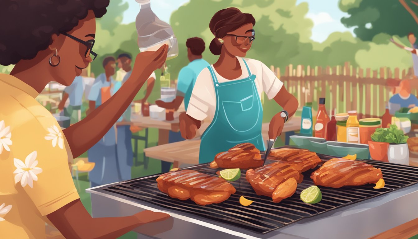 A person with diabetes pouring sugar-free barbecue sauce onto grilled chicken at a backyard cookout