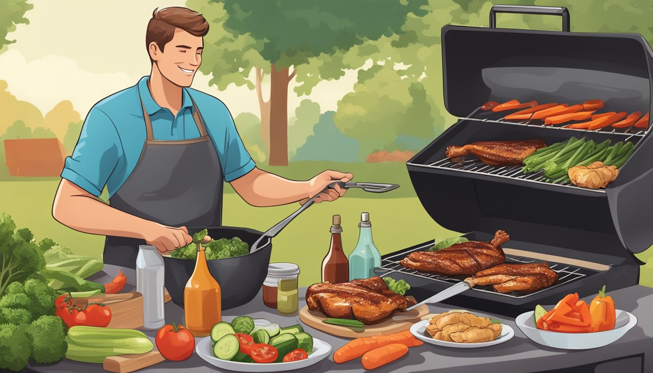 A person grilling chicken with sugar-free BBQ sauce, surrounded by fresh vegetables and a bottle of the sauce