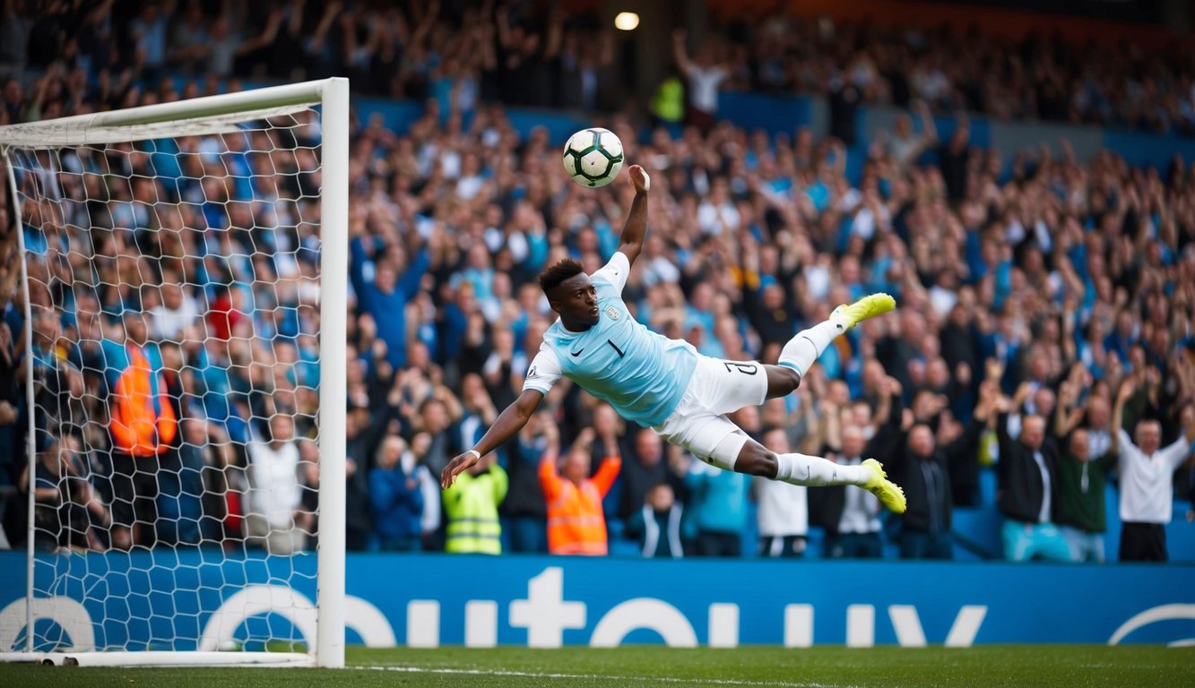 Sebuah bola sepak terbang ke gawang, dikelilingi oleh penggemar yang bersorak di stadion