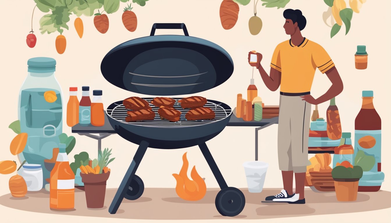 A person holding a bottle of sugar-free BBQ sauce next to a grill with various diabetic-friendly food items cooking on it