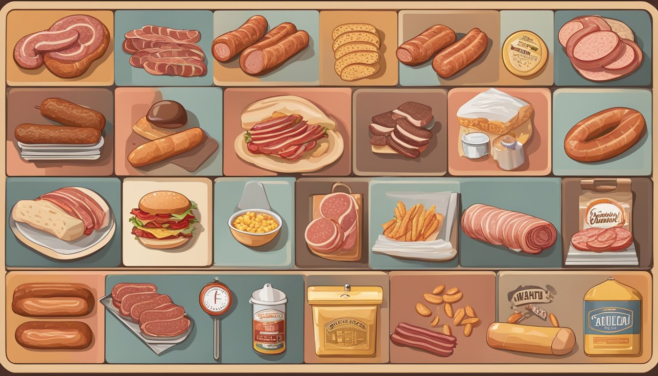 A variety of processed meats, such as bacon, sausages, and deli meats, displayed next to caution signs and health risk symbols