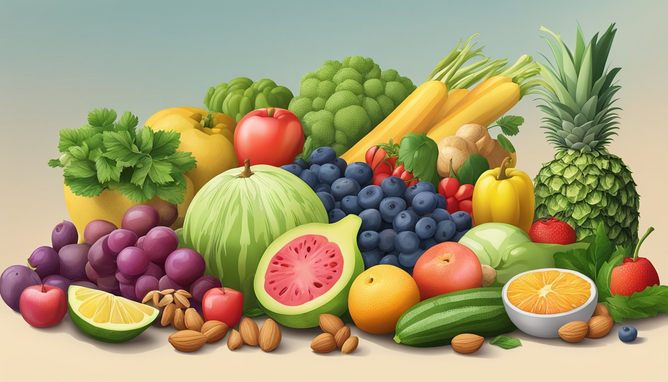 A colorful array of fresh fruits, vegetables, nuts, and lean proteins arranged on a table