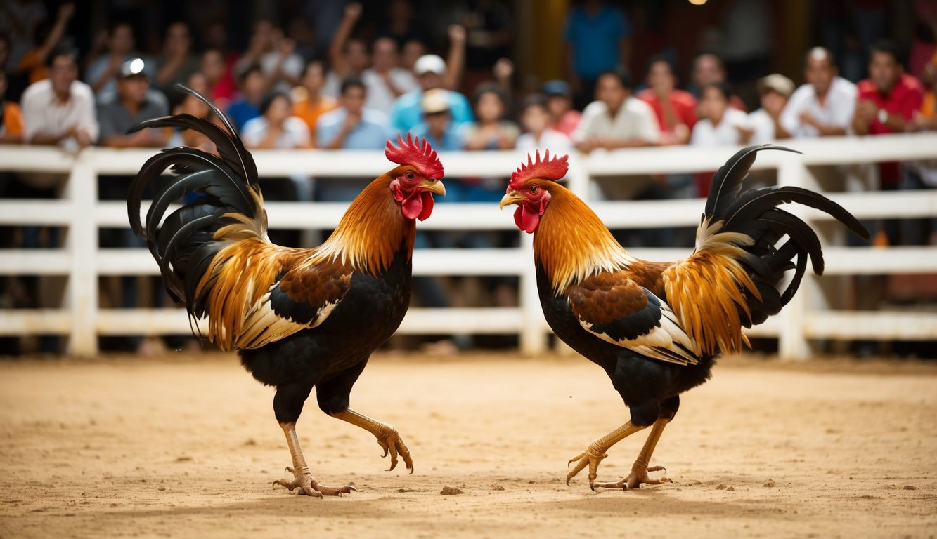 Sebuah arena sabung ayam yang meriah dengan penonton yang bersorak dan dua ayam jantan yang terlibat dalam pertarungan