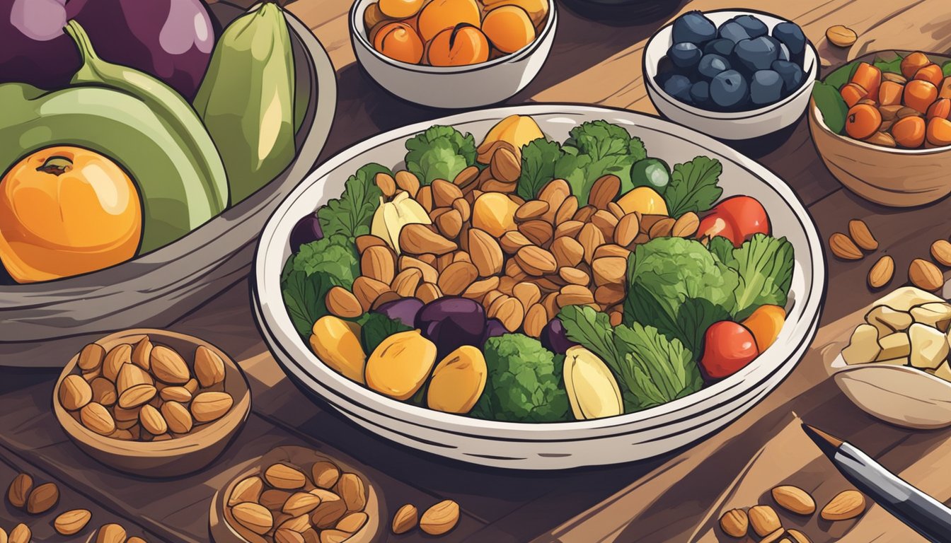 A bowl of roasted nuts sits next to a plate of fresh fruits and vegetables, all arranged on a wooden table. A diabetic-friendly meal is being prepared