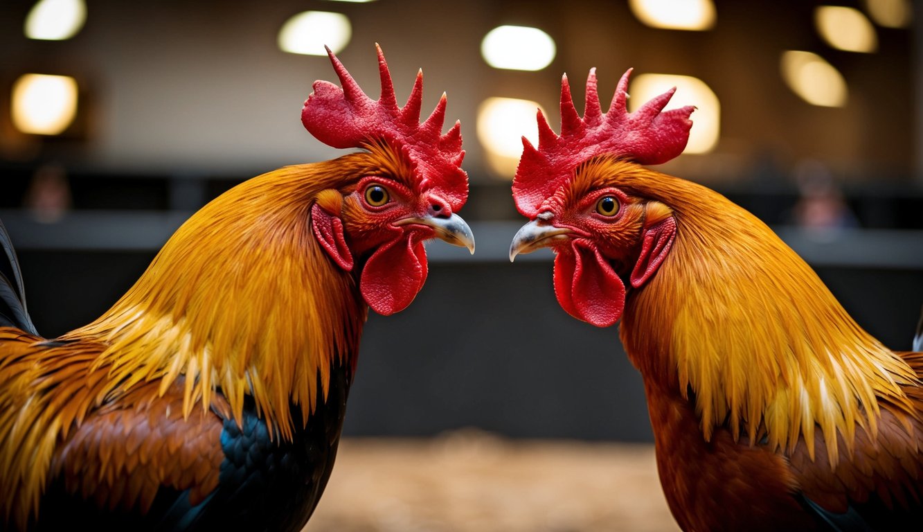 Dua ayam jantan berhadapan dalam pertarungan ayam yang disiarkan langsung