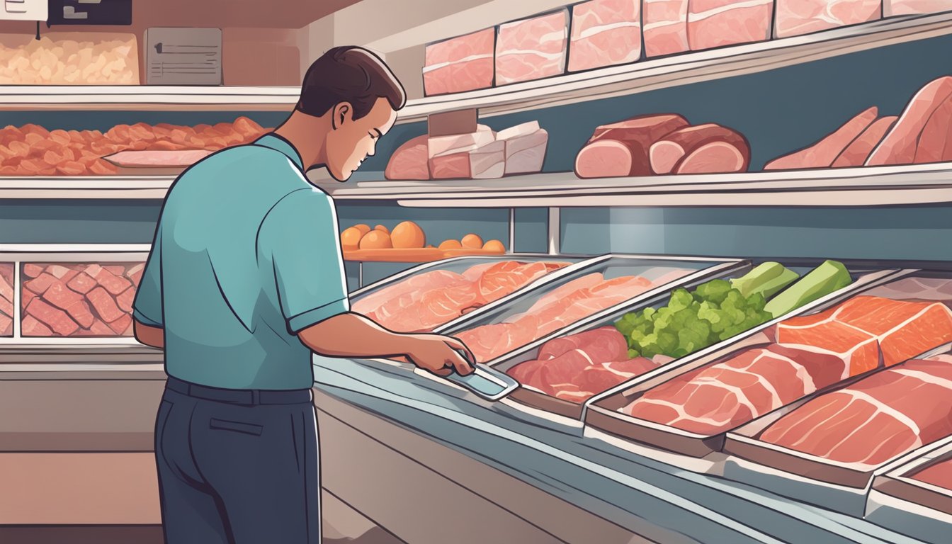 A person with diabetes choosing between fresh meats and processed meats at a grocery store