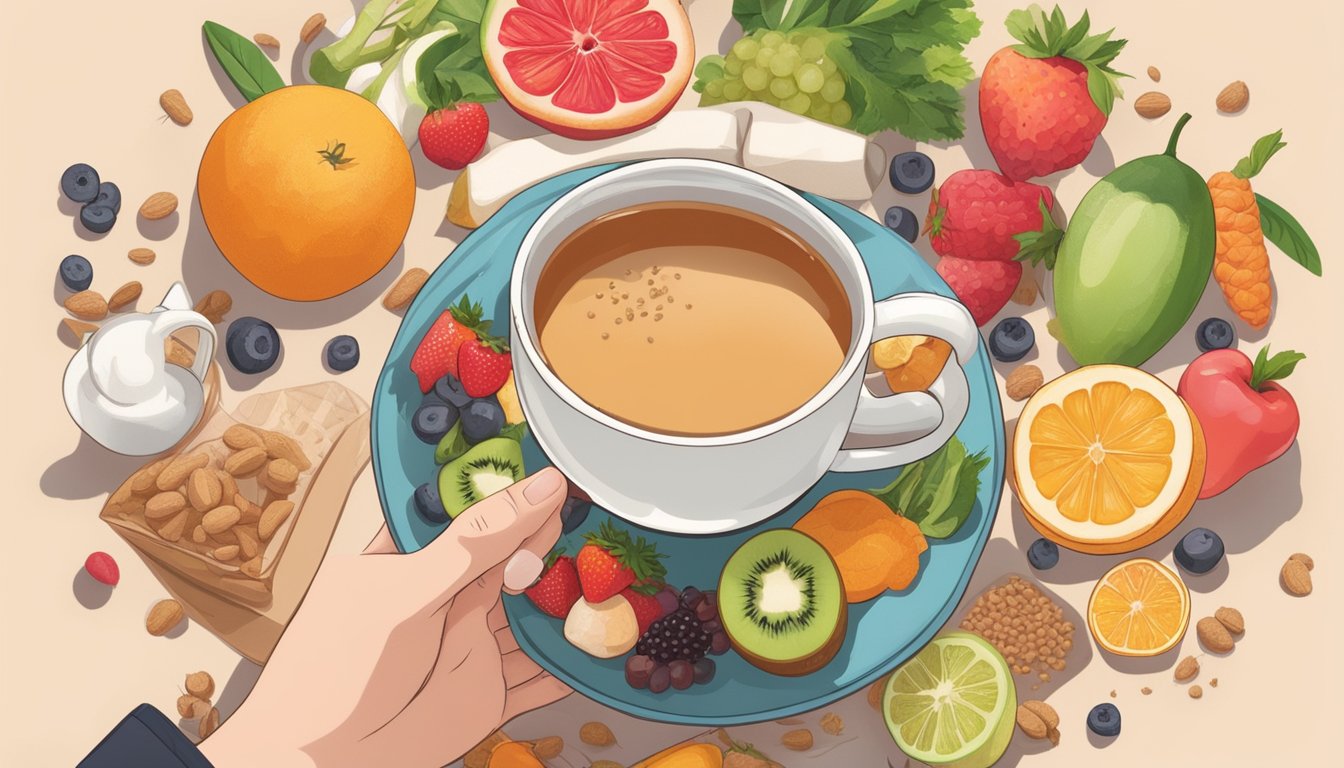 A person holding a steaming cup of sugar-free chai tea, surrounded by various diabetes-friendly food items like fruits, vegetables, and whole grains