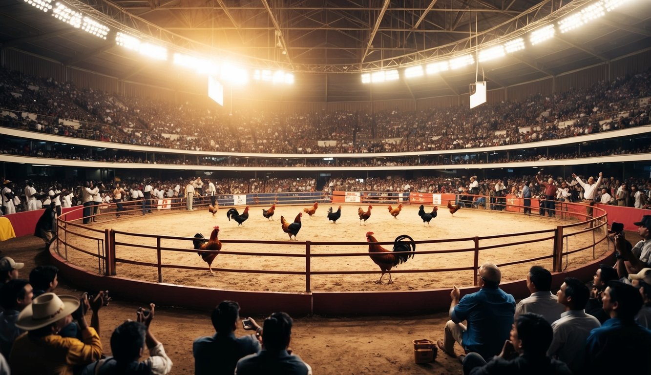 Sebuah arena sabung ayam resmi yang ramai dengan ayam jantan di ring dan penonton bersorak