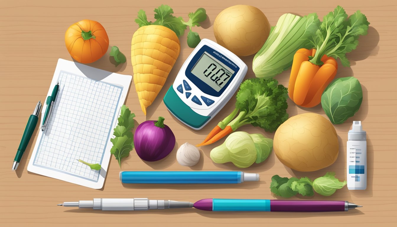 A table with a variety of vegetables, including rutabaga, next to a glucometer and insulin pen