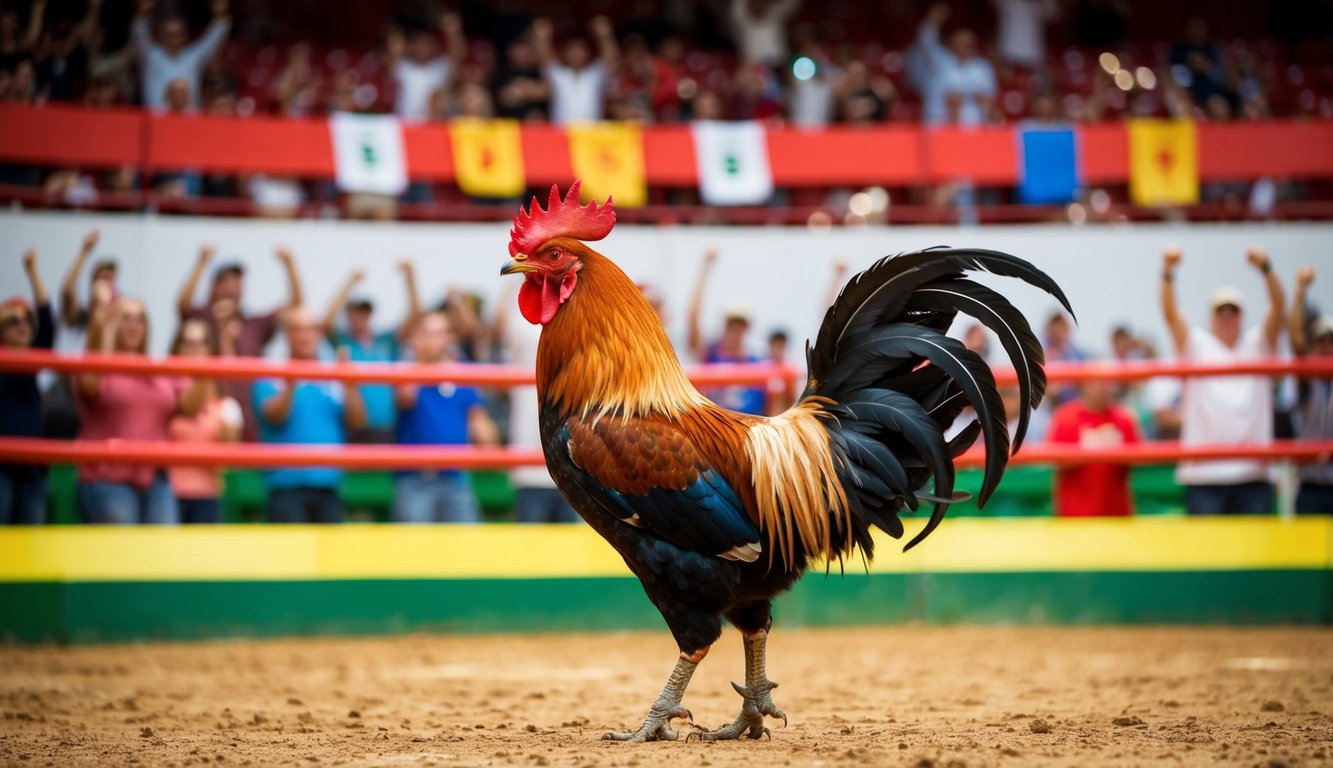 Arena pertarungan ayam jantan dengan penonton yang bersorak dan spanduk berwarna-warni